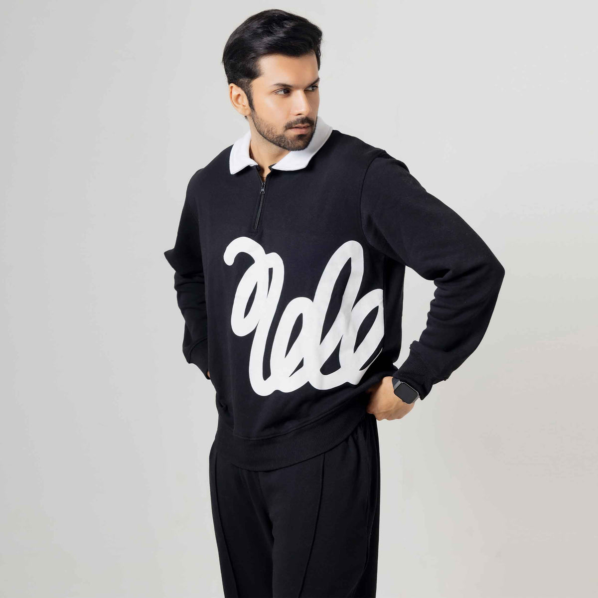 Black Graphic Collared Pullover